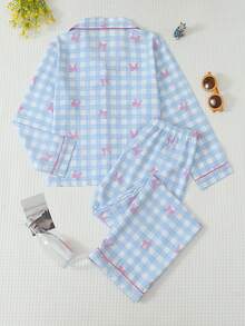 Tween Girls 2Pcs Blue Gingham Bow & Butterfly Print Long Sleeve Pajama Set, Casual Tween Girl Loungewear Sleepwear For Spring Fall Winter Home Outfit - Blue - View 3