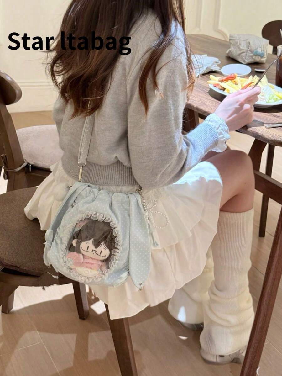1件日式新時尚休閒甜美可愛輕量可折疊小容量抽繩荷葉邊痛包女款,適合日常購物、通勤、派對、度假禮物,手提斜挎包 - 彩色 - 查看 1