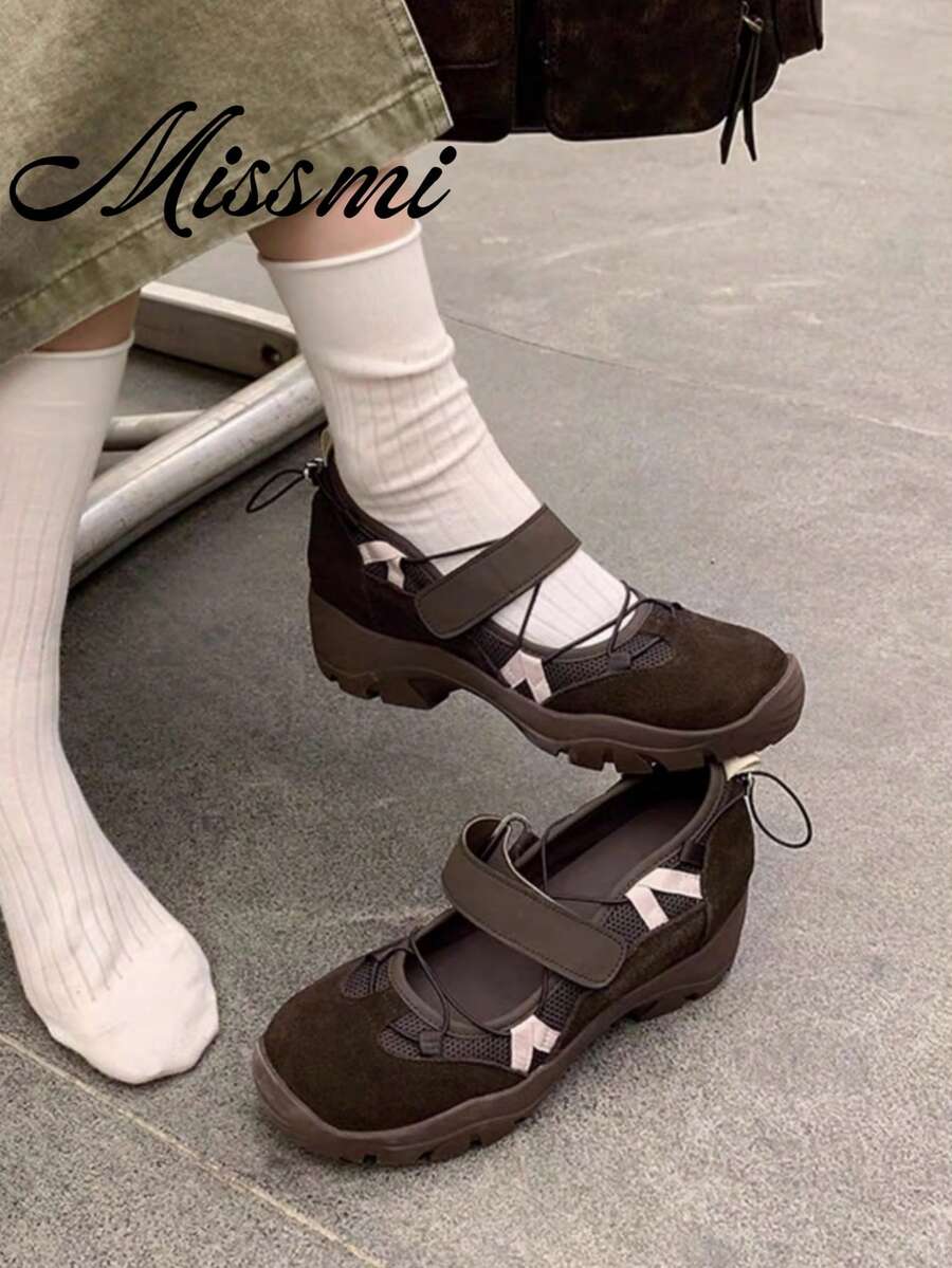 女款小眾厚底芭蕾訓練鞋 百搭時尚休閒運動瑪麗珍鞋 大尺碼 - 棕色 - 查看 1