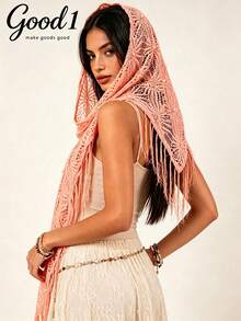 1pc Crochet Beaded Evening Shawl Tassel Triangle Scarf Solid Color Pattern Bohemian Headscarf Large Triangle Scarf As Shawl - Blood Tooth Color - View 2