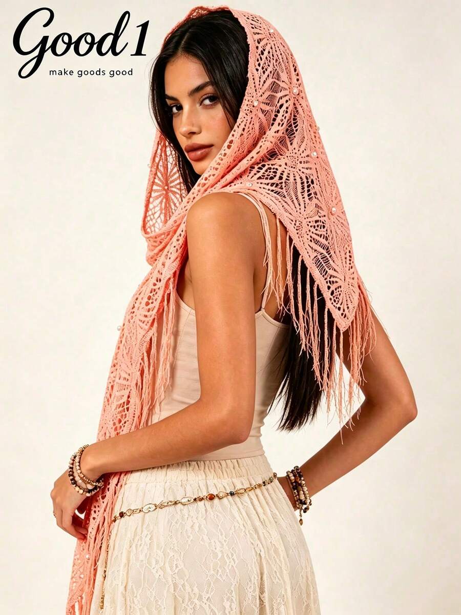 1pc Crochet Beaded Evening Shawl Tassel Triangle Scarf Solid Color Pattern Bohemian Headscarf Large Triangle Scarf As Shawl