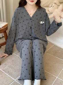 2pcs/Set Women's Pajamas Loungewear Set, V-Neck Cardigan Cute Panda Print Pattern Minimalist Long Sleeve Long Pants, Comfortable Home Style - Grey - View 2