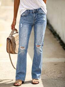 New Women's Fashion Elastic Distressed Skinny Jeans With Pockets - Elastic Straight Leg Jeans Casual Spring Fall - Medium Wash - View 3