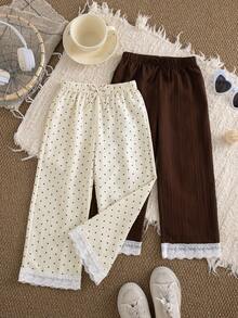 2pcs/Set Girls' Casual Wide Leg Pants, Fashionable Wave Textured Polka Dot Solid Color Lace Trim, Spring Autumn - Multicolor - View 1