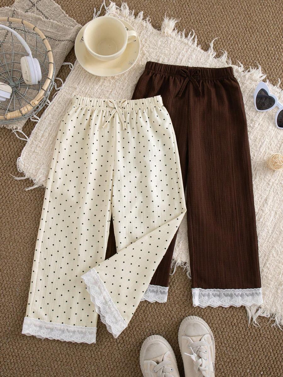 2pcs/Set Girls' Casual Wide Leg Pants, Fashionable Wave Textured Polka Dot Solid Color Lace Trim, Spring Autumn - Multicolor - View 1