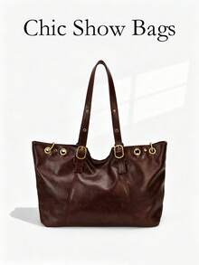 Women's Tote Bag, Vintage Faux Leather Shoulder Bag, Adjustable Strap, Gold Hardware, Large Capacity, Suitable For Commuting, Daily Shopping, Burgundy Red - Burgundy - View 12