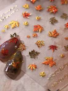 1pc Jelly Foil Gold Autumn Maple Leaf Plant 5D Nail Stickers, Luxury Autumn Leaf Decor, Self-Adhesive Nail Decals, Women's Seasonal Natural Style Nail Art Decoration - Multicolor - View 3