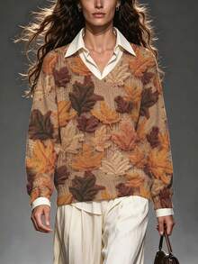 Women's Autumn V-Neck Pullover Knit Sweater, Vintage Maple Leaf Print, Eye-Catching Outfit For Outings - Multicolor - View 7
