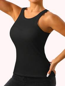 1pc Spring/Summer Ribbed Tank Top 2-In-1 With Built-In Cup Pads Casual Vest - Black - View 5