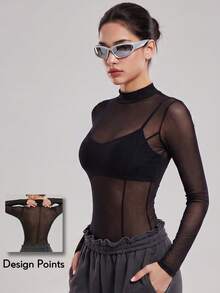 KyrLssu Women Fashion Sheer Mesh Mock Neck Long Sleeve Top, Figure‑Hugging See‑Through Layering Shirt, Multi‑Styling Stand Collar Top - Black - View 1