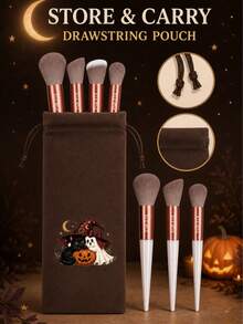 FSJF FIX 12-Piece Makeup Brush Set With Halloween Drawstring Storage Pouch, White Handle Rose Gold Tone Face And Eye Brushes For Foundation, Powder, Blush, Eyeshadow, Brows, Daily Beauty Routines, Party Looks, Travel And Makeup Organization - Multicolor - View 6