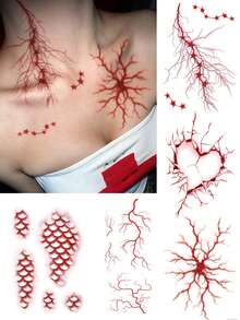 STARTTOOS 5 Buah Stiker Tato Sementara Tahan Air Motif Hati Patah Sisik Pembuluh Darah Halloween untuk Lengan, Bahu, Leher, Tulang Selangka, Punggung, dan Kaki - Merah - View 1