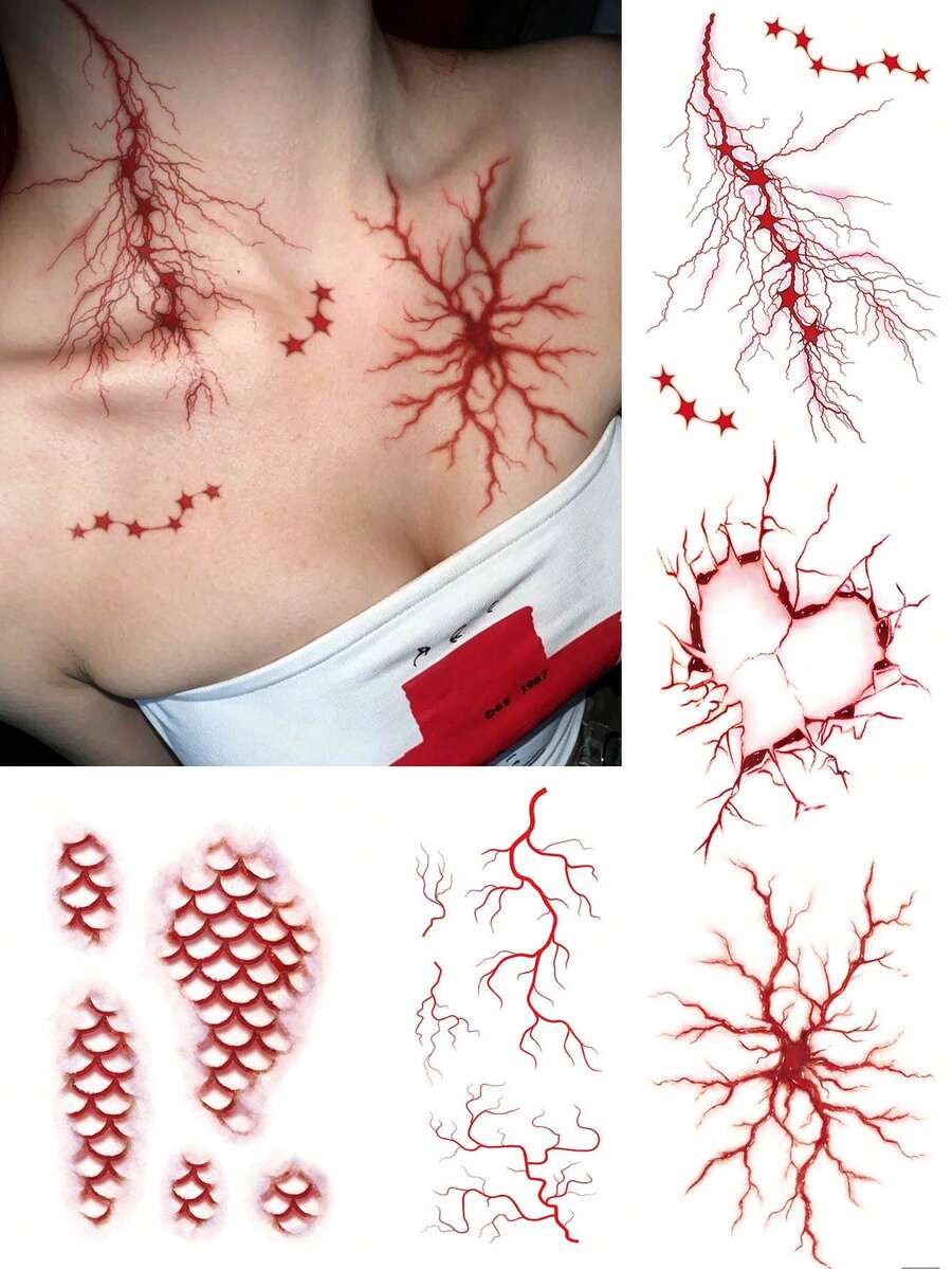 STARTTOOS 5 Buah Stiker Tato Sementara Tahan Air Motif Hati Patah Sisik Pembuluh Darah Halloween untuk Lengan, Bahu, Leher, Tulang Selangka, Punggung, dan Kaki - Merah - View 1