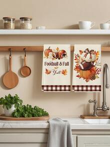 2Pcs Football & Fall Y'all Kitchen Towel Set, Watercolor Pumpkin Football Bow Maple Leaf Brown Buffalo Plaid Border Farmhouse Sports Thanksgiving Dish Hand Towels - Beige - View 4