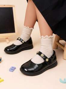Girls' Black Glossy 3D Rhinestone Flower Mary Jane Shoes, School Style, Suitable For Performances And School Activities - Black - View 1