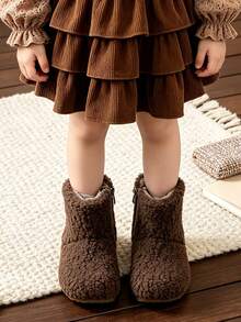 1 Pair Children's Soft Plush Ankle Boots With Side Zipper For Easy On And Off, Suitable For Autumn/Winter Home And Casual Wear - Brown - View 2