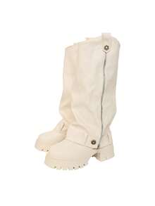 planare New Women's Fashion Minimalist Autumn/Winter Ruched Design Beige High-Top Boots With Metal Buckle Decor, Side Zipper, Thick Sole, Chunky Heel, Loose Leg Opening, Motorcycle Rider Long Boots - Beige - View 9