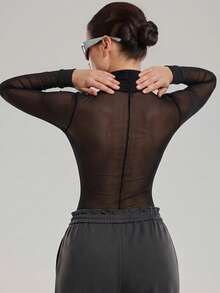KyrLssu Women Fashion Sheer Mesh Mock Neck Long Sleeve Top, Figure‑Hugging See‑Through Layering Shirt, Multi‑Styling Stand Collar Top - Black - View 2