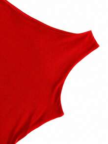 Summer Casual Solid Color Oblique Shoulder Fitted Blouse Red - Red - View 6