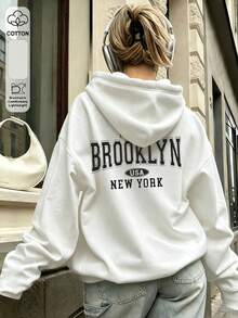 Women's Casual White Brooklyn New York Graphic Hoodie, Long Sleeve Drop Shoulder Pullover Sweatshirt For Streetwear And Fall Outfits - White - View 2