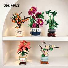 360+PCS Building Blocks Flower Potted Plant, Chinese Style Elegant Vintage Model, Multiple Colors Plant Bouquet Decor, Peony Chrysanthemum Plum Blossom Orchid And Bamboo ABS Material Building Blocks Assembly, Home Indoor Decoration Display, Christmas Gift Collection - Four Types Of Potted Flowers - View 1