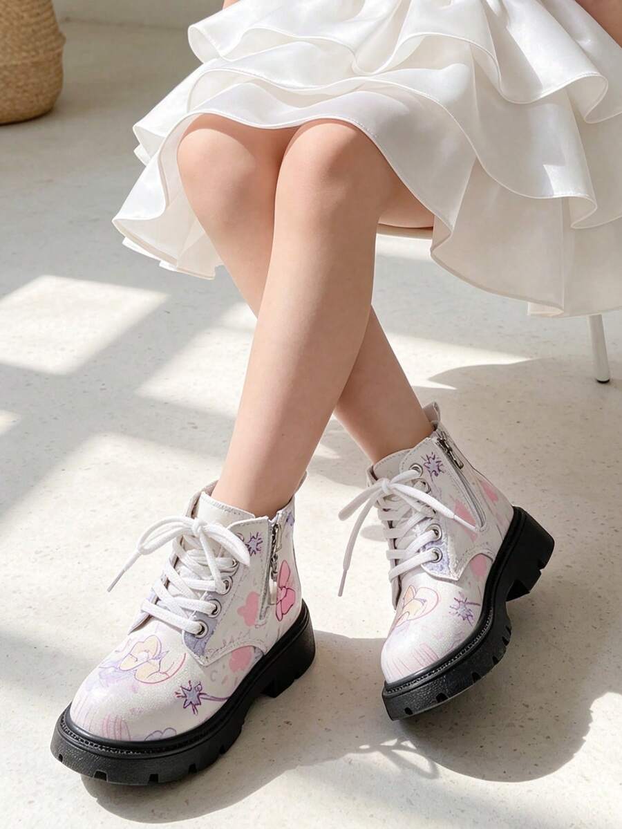 1 Pair Kids Cute Doodle Pattern Boots With Lace-Up And Side Zipper, Suitable For Holiday Parties, Daily Outings, School Commute, Autumn/Winter - Pink - View 1