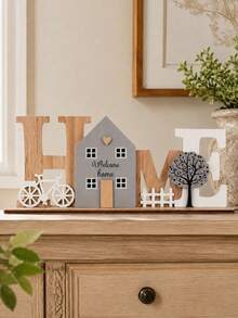 1pc Rustic Wooden "HOME" Desktop Decor With "Welcome Home" Lettering, Bicycle And Tree Pattern, Suitable For Farmhouse Style Shelf, Living Room, Entryway, Mantel Display Or As Desktop Decoration - Multicolor - View 3