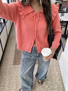 Women's Autumn/Winter Vintage Large Lapel Ruffle Knit Cardigan, Girlish Frill Collar Knit Cardigan Fall - Watermelon Pink - View 3