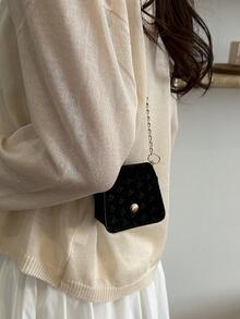 Mini Crocodile Embossed Solid Color Chain Crossbody Bag - Black - View 11