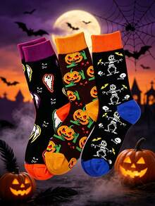 1/2/3 Pairs Cartoon Street Style European & American Halloween Black Mid-Calf Socks, Anti-Odor Long Socks, Men's Personalized Socks, Couple Socks - Multicolor - View 6