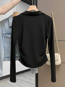 Polo Collar Ruched Long Sleeve T-Shirt, Spring/Autumn Slim Fit Flattering Versatile Turn-Down Collar V-Neck Sexy Top Casual Black - Black - View 3
