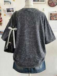 Plus Size Vintage Black Washed Short Sleeve T-Shirt For Women, Loose Fit, Fashion Design, Casual Summer - Black - View 2