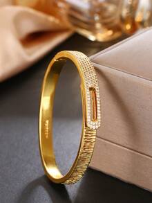 1pc Women's Luxury Textured Gold Hinge Bracelet, Sparkling Rhinestone Zirconia Clasp, Birthday Anniversary Holiday Gift, Daily Commute Jewelry - Gold - View 1