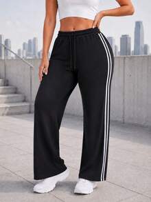 Women Black Wide Leg Pants With Drawstring Elastic Waist And Double Side Stripes Casual Full Length Trousers For Daily Wear - Black - View 3