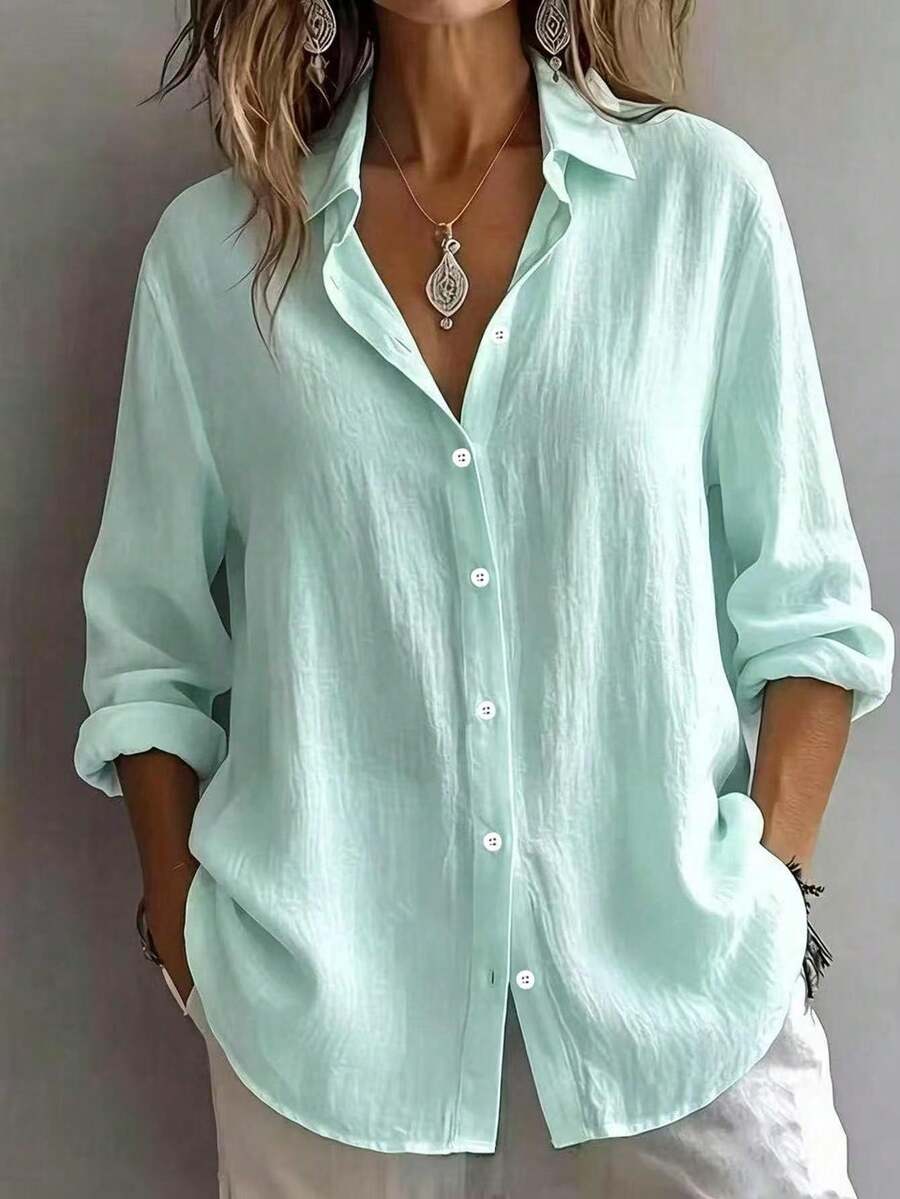Women's Plus Size Solid Color Woven Long Sleeve Shirt With Open Front And Collar, Suitable For Daily Wear, Outings And Commuting, New Style Blouse - Mint Green - View 1