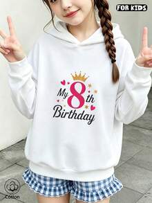 Kids 8th Birthday Crown Heart Print Loose Fit Hoodie, Cute Casual Long Sleeve Cotton Sweatshirt For Spring & Fall - White - View 4