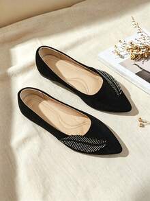 Women's Pointed Toe Flat Ballet Shoes, Black Faux Suede With Rhinestone And Feather Decor, Low Vamp, Soft Sole, Comfortable, Flattering, Elegant Luxury Style For Commute, Party, Daily Wear - Black - View 2