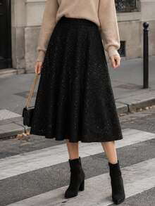 LuminousWealth Women's - Shiny Plaid Thick A-Line Skirt, High Waist Elastic Waist Flared Skirt For Autumn/Winter - Black - View 2