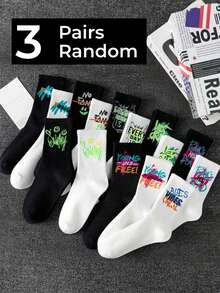 1/5/10 Pairs Men's Random Halloween Minimalist Graffiti Versatile Casual Sports Soft Comfortable Moisture-Wicking Breathable Streetwear Fun Unique Crew Socks Suitable For Any Shoe Style Back To School - Black - View 10