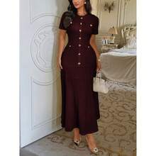 Elegant Temperament Pure Color Short Sleeve Hip Skirt Dress Women's Dress - 酒紅色 - 查看 2