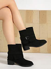 Buckle Strap Suede Mid-Calf Boots, Plus Size Wide Toe Vintage Casual Women's Ankle Boots - Black - View 7