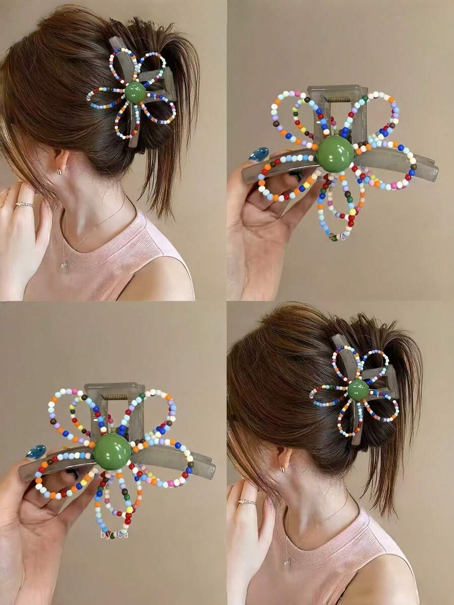 1Pc Colorful Beaded Flower Hair Claw Clip, Cute Floral Hair Jaw Clip, Ponytail Holder Hair Accessories For Women - Multicolor - View 1