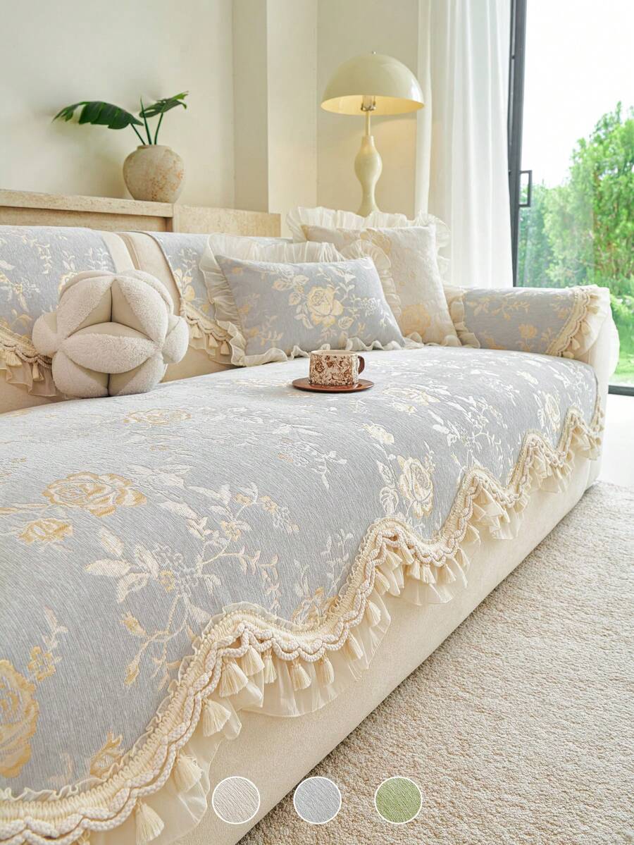 1pc Luxury Chenille Floral Jacquard Sofa Cover, French Style Ruffle Trim Tassel Lace Edge Non-Slip Sofa Protector Pad, All Season Living Room Sofa Slipcover