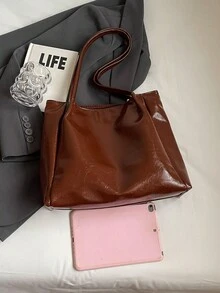 極簡風純色亮面女款手提包，現代通勤風單肩包，適合購物與通勤的大容量包 - 棕色 - 查看 8