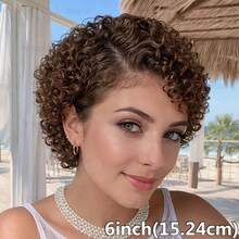 13x4x1 Lace Front Wig Brown Curly Wig With Bangs Short Curl Hair Wig 6inch 180% Density Fluffy Shape Brazilian Rmey Human Hair 4# Color For Daily Wear And Party - S4 - View 5