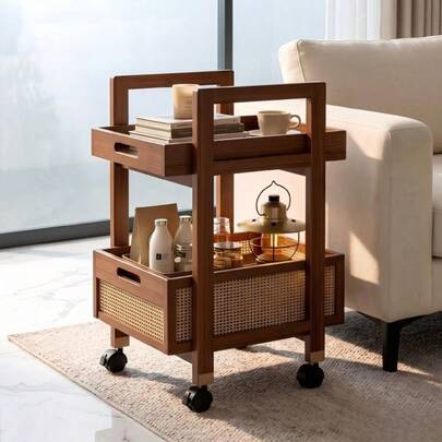 1pc Vintage Rattan Mobile Cart, Multi-Layer Storage Trolley, Kitchen Floor Storage Cart, Vintage Movable Side Table, Living Room Snack Storage Rack, Bedroom Miscellaneous Storage Cart, Double-Layer Storage Space With Pull-Out Drawer Serving Cart