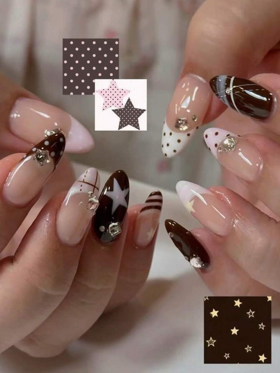 24pcs Y2K Maillard Sweet Cool Press-On Nails, Almond Shape Nude Color Fake Nails, Coffee Brown Star, Polka Dot, Plaid, Stripe And French Tip, Shiny Rhinestone Embellished Reusable Adhesive Fake Nails, Suitable For Daily Wear, Date And Party - Multicolor - View 1