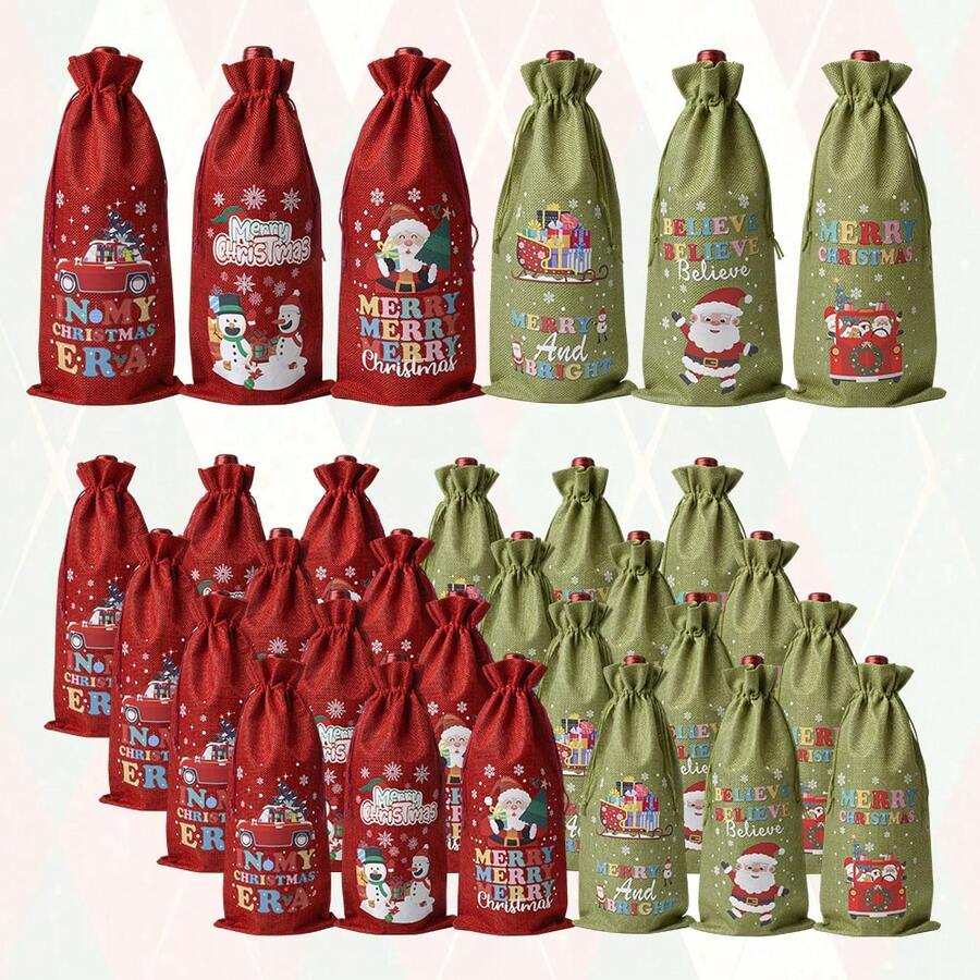 CARRIECUR 6/12/18Pcs Christmas Wine Bottle Gift Bags, Red & Green Linen Drawstring Wine Gift Sacks With Santa Snowman Christmas Tree Pattern, Reusable Xmas Holiday Wine Bottle Wrapping Pouches - Green - View 1