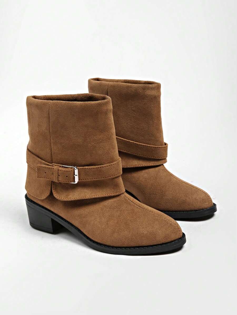 Buckle Strap Suede Mid-Calf Boots, Plus Size Wide Fit Pointed Toe Vintage Casual Women's Ankle Boots - Brownish Yellow - View 1