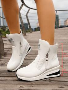 Sepatu Bot Olahraga Kasual Bertumit Tinggi dengan Sol Tebal dan Hak Wedges untuk Musim Gugur/Dingin - Model Baru - Putih - View 1